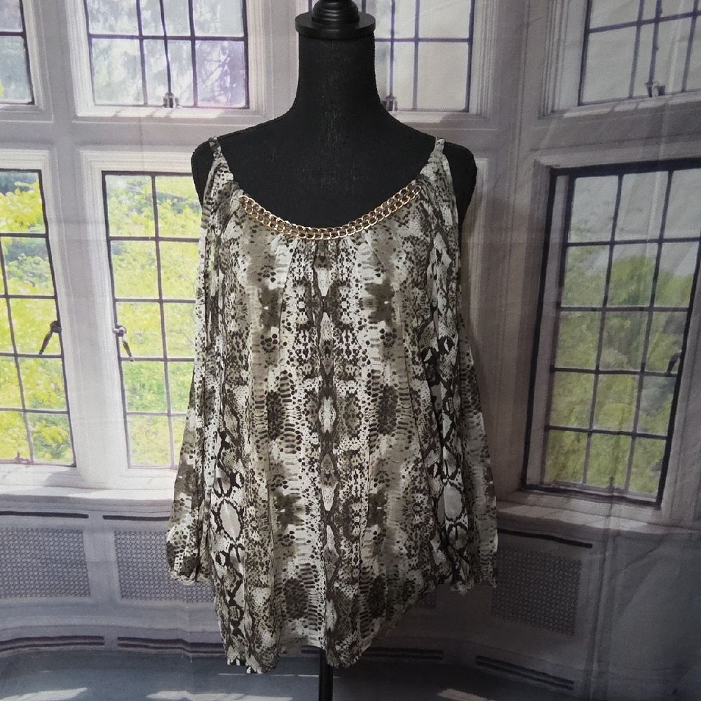 Women's Olive Snake-Print Cold-Shoulder Top with Chain Trim
